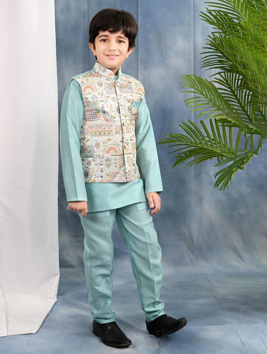 boys solid kurta & pyjama with embroidered nehru jacket - 21942051 - Standard Image - 1