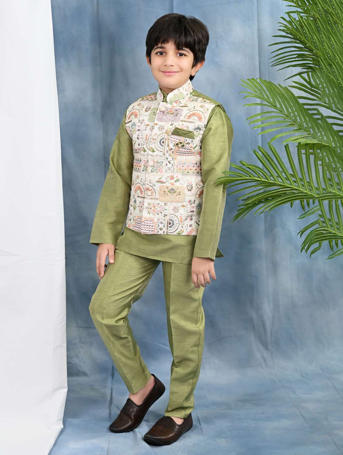 boys solid kurta pyjama with embroidered nehru jacket - 21942052 -  Standard Image - 1