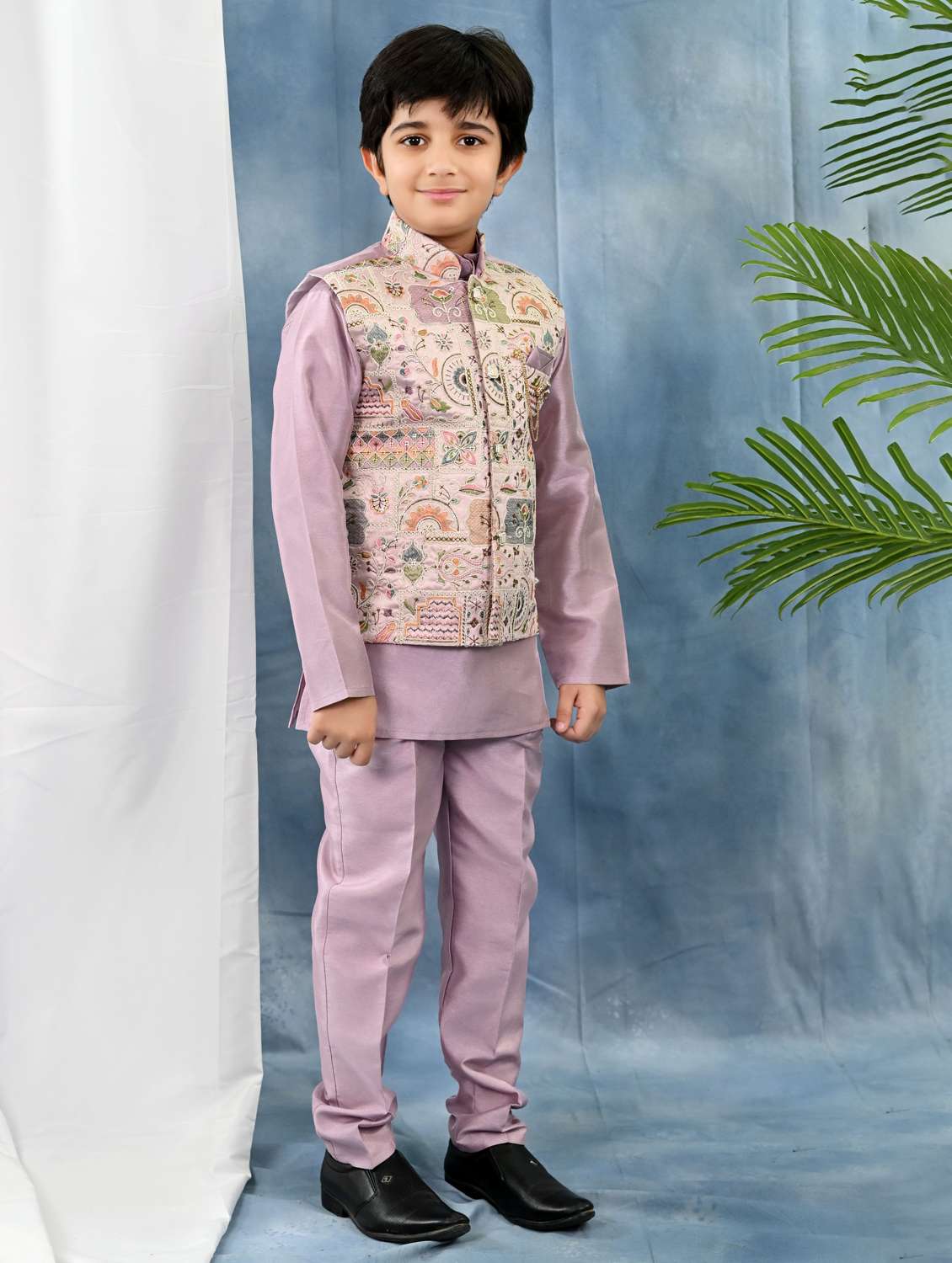 boys solid kurta pyjama with embroidered nehru jacket - 21942053 -  Standard Image - 1
