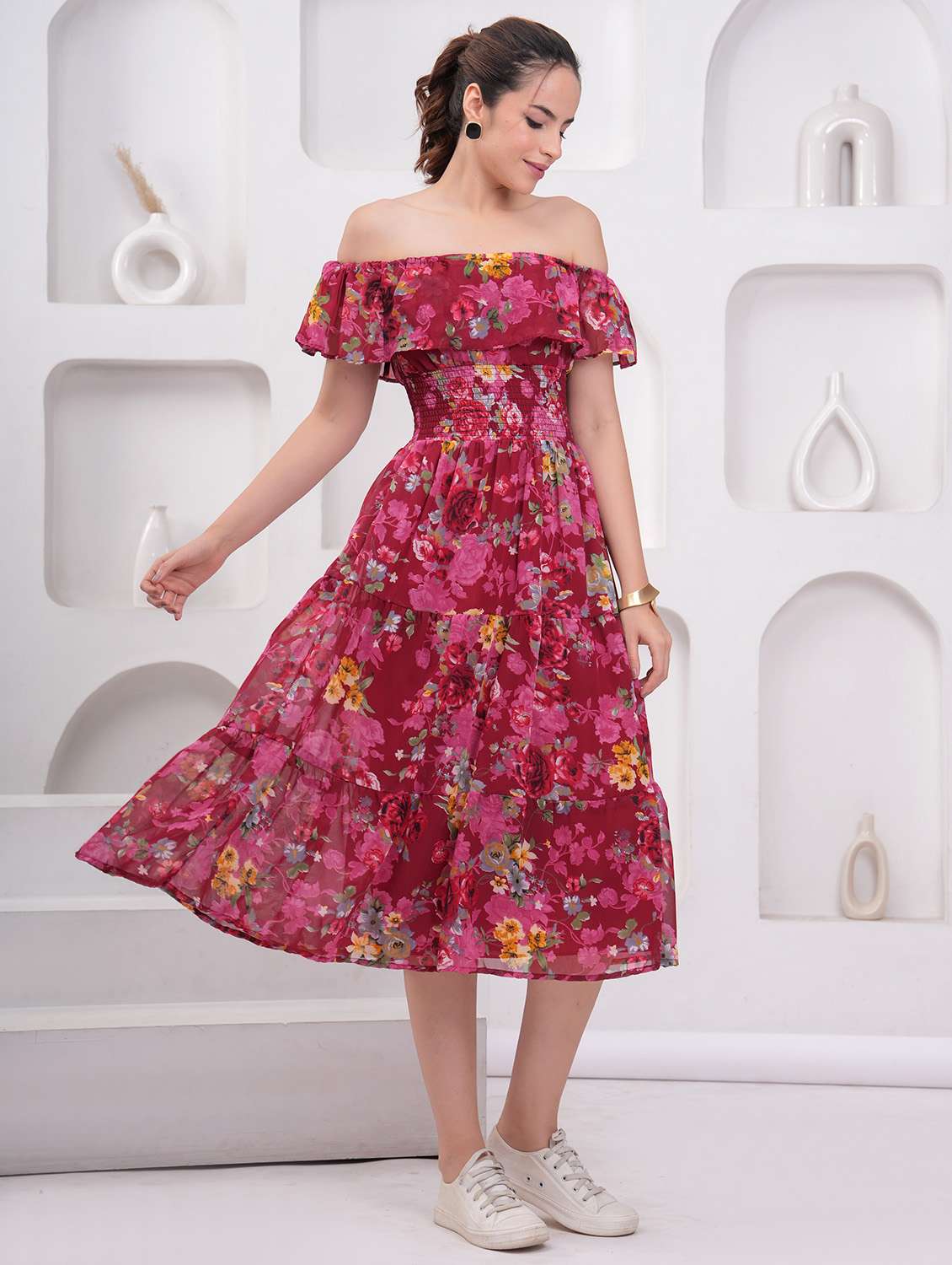 women floral printed off shoulder tiered dress - 21942084 -  Standard Image - 1