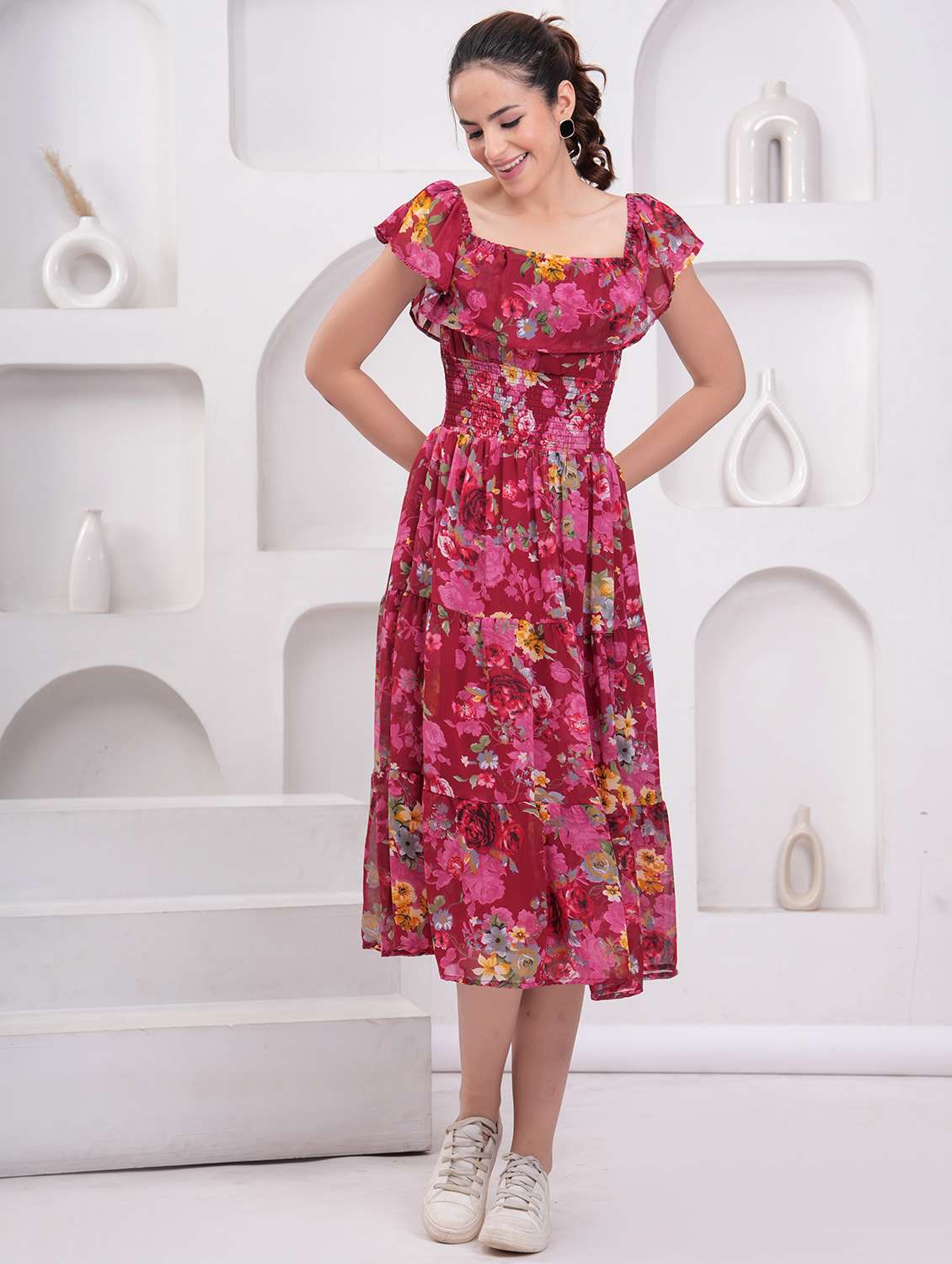 women floral printed off shoulder tiered dress - 21942084 -  Standard Image - 4