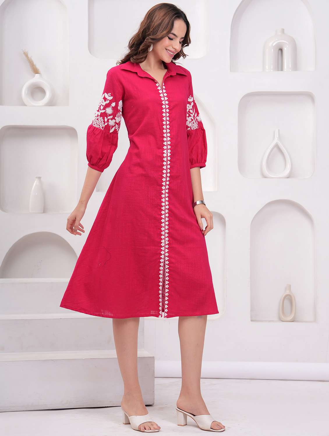 women embroidered puff sleeve a-line dress - 21942087 -  Standard Image - 1
