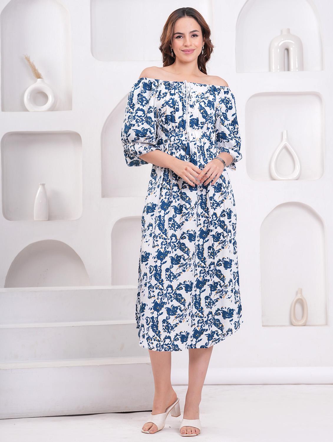 women printed off shoulder a-line dress - 21942091 - Standard Image - 4
