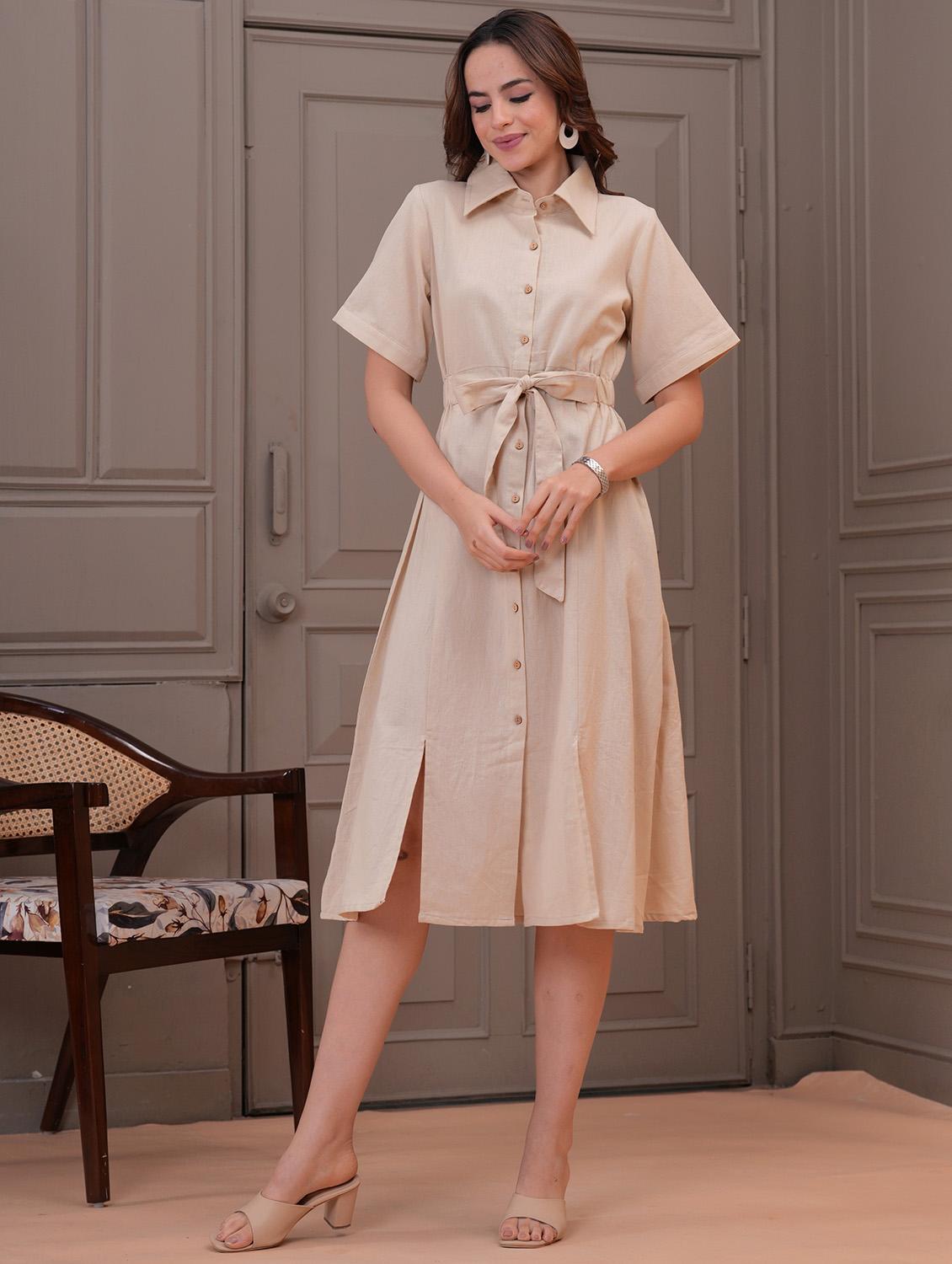 women solid collared short sleeve shirt dress - 21942094 - Standard Image - 4