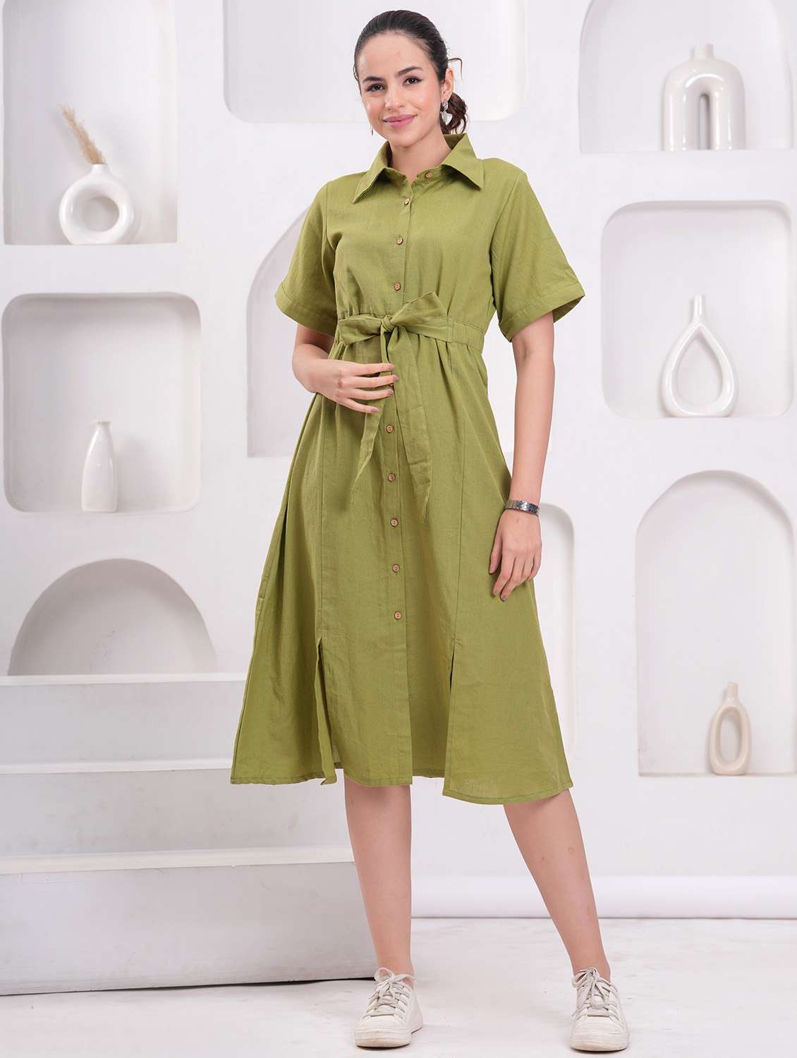 women solid collared short sleeve shirt dress - 21942095 - Standard Image - 4