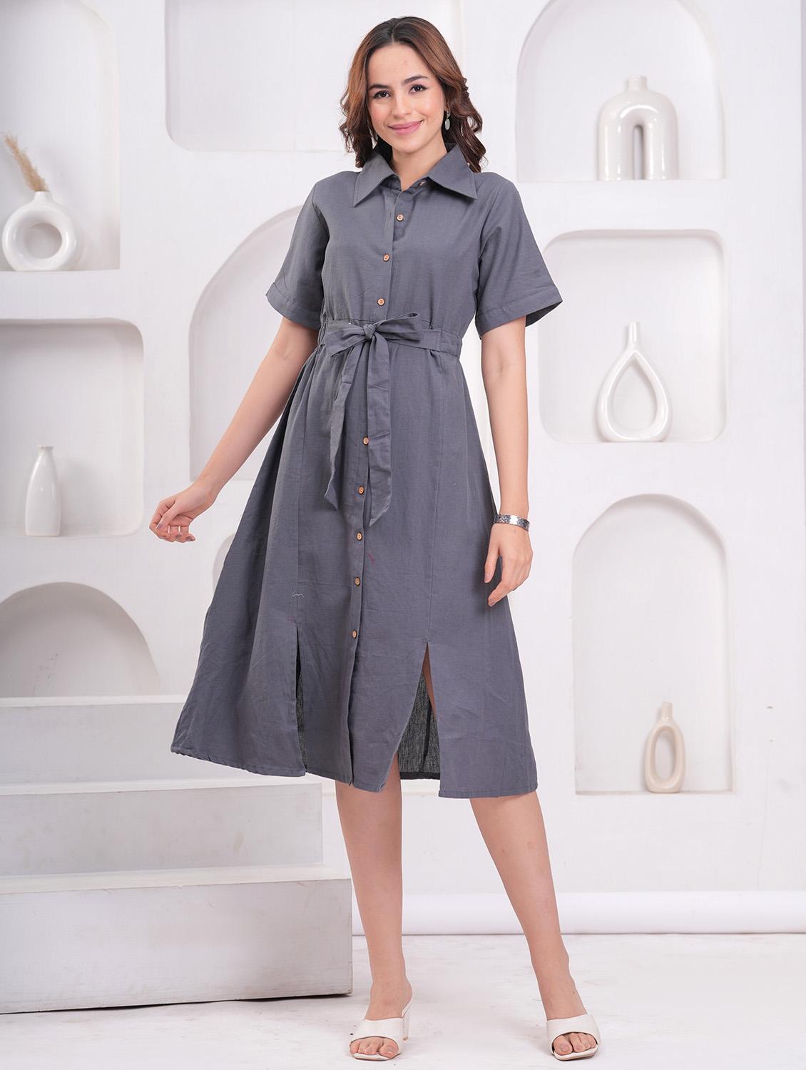 women solid collared short sleeve shirt dress - 21942096 - Standard Image - 4