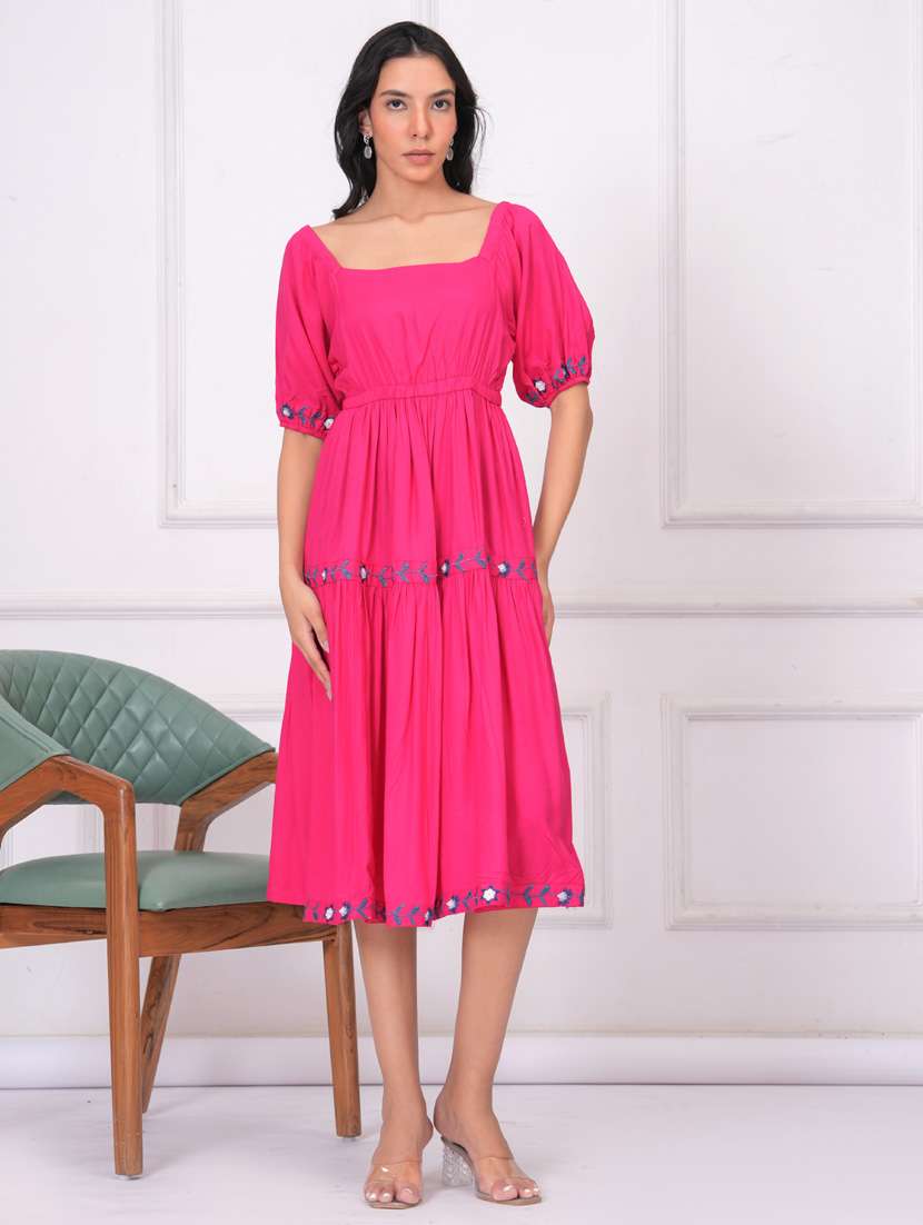 women embroidered puff sleeve tiered dress