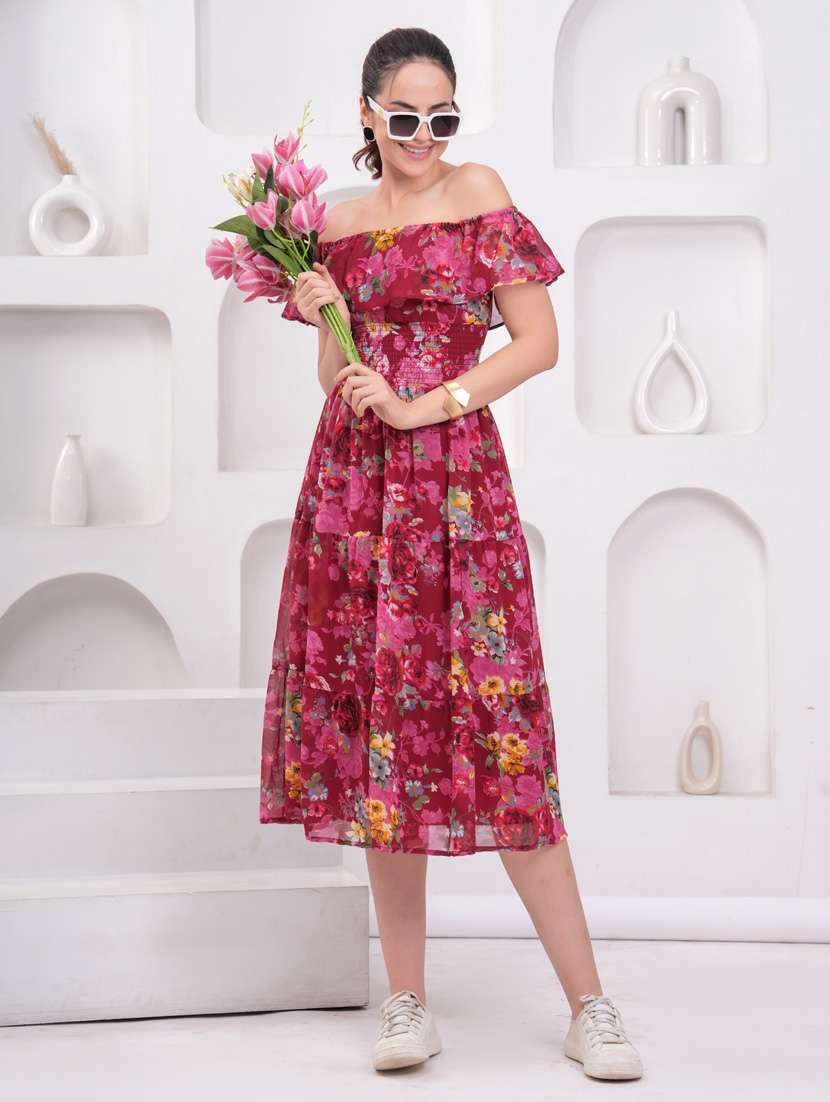women floral print off shoulder tiered dress