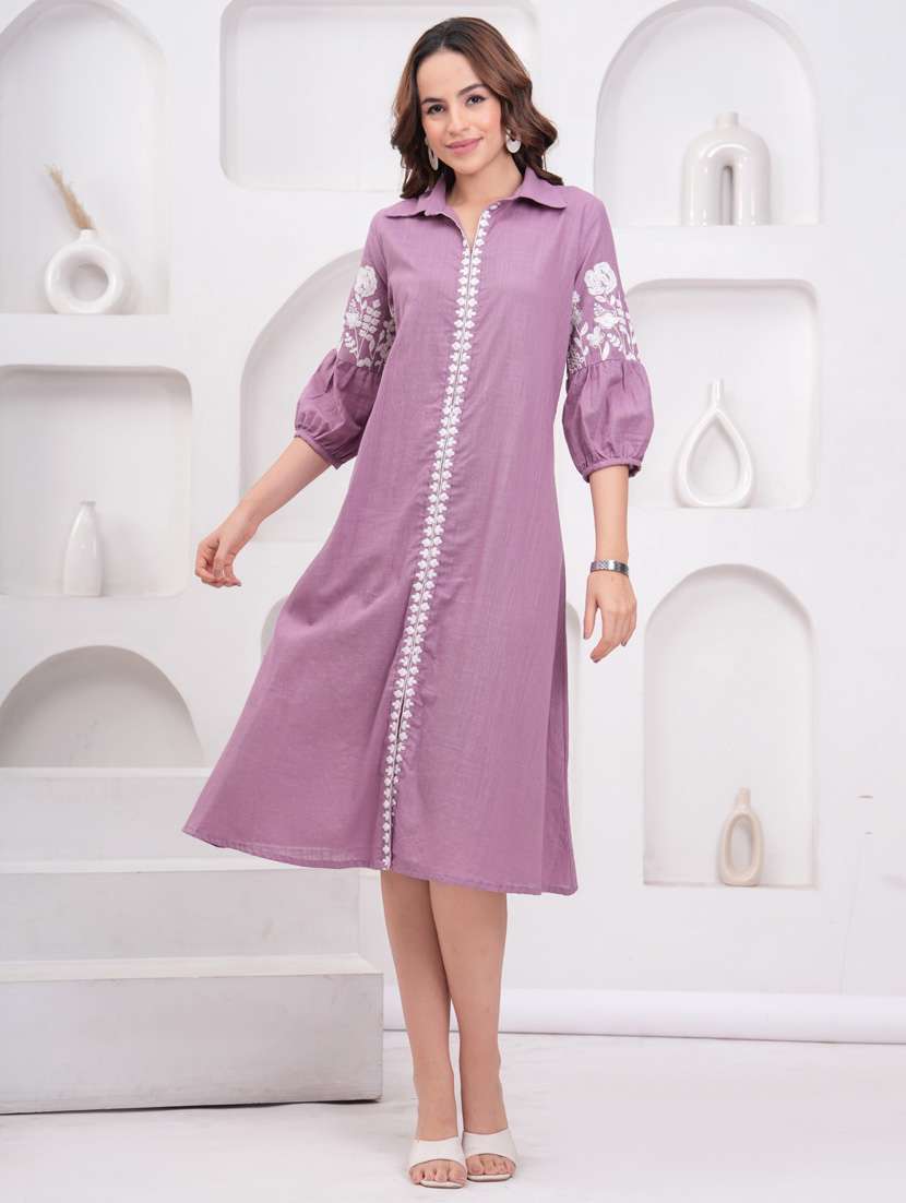women embroidered puff sleeve a-line dress