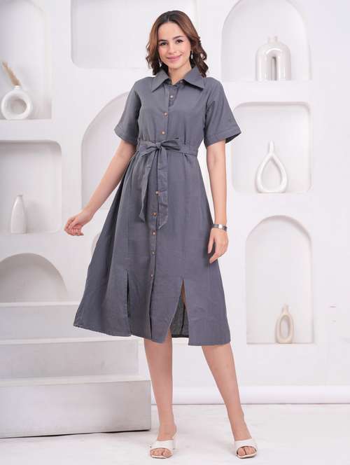 women solid collared short sleeve shirt dress - 21942138 - Standard Image - 0