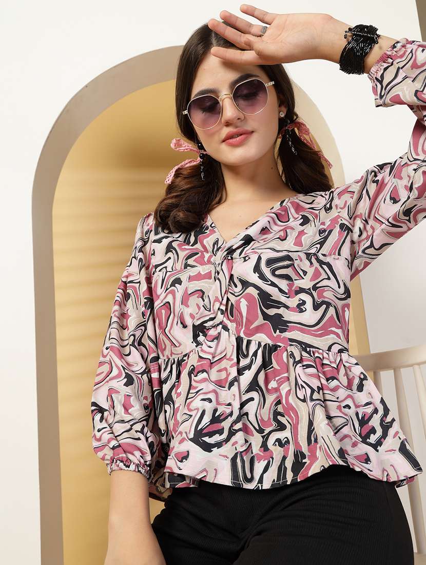 women printed puff sleeve peplum top