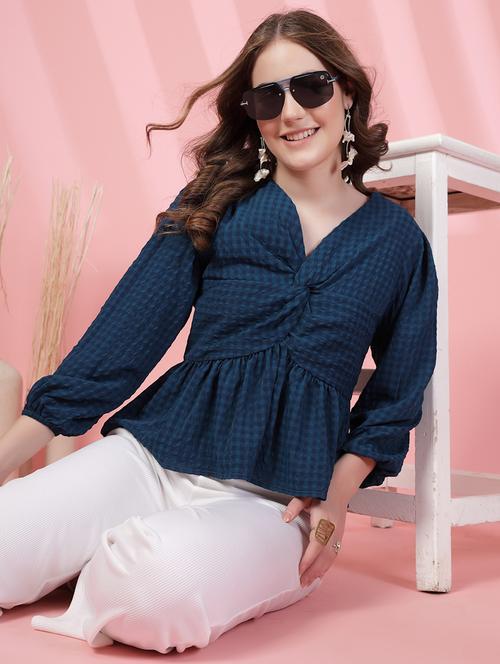 women checkered puff sleeve peplum top - 21942207 - Standard Image - 0