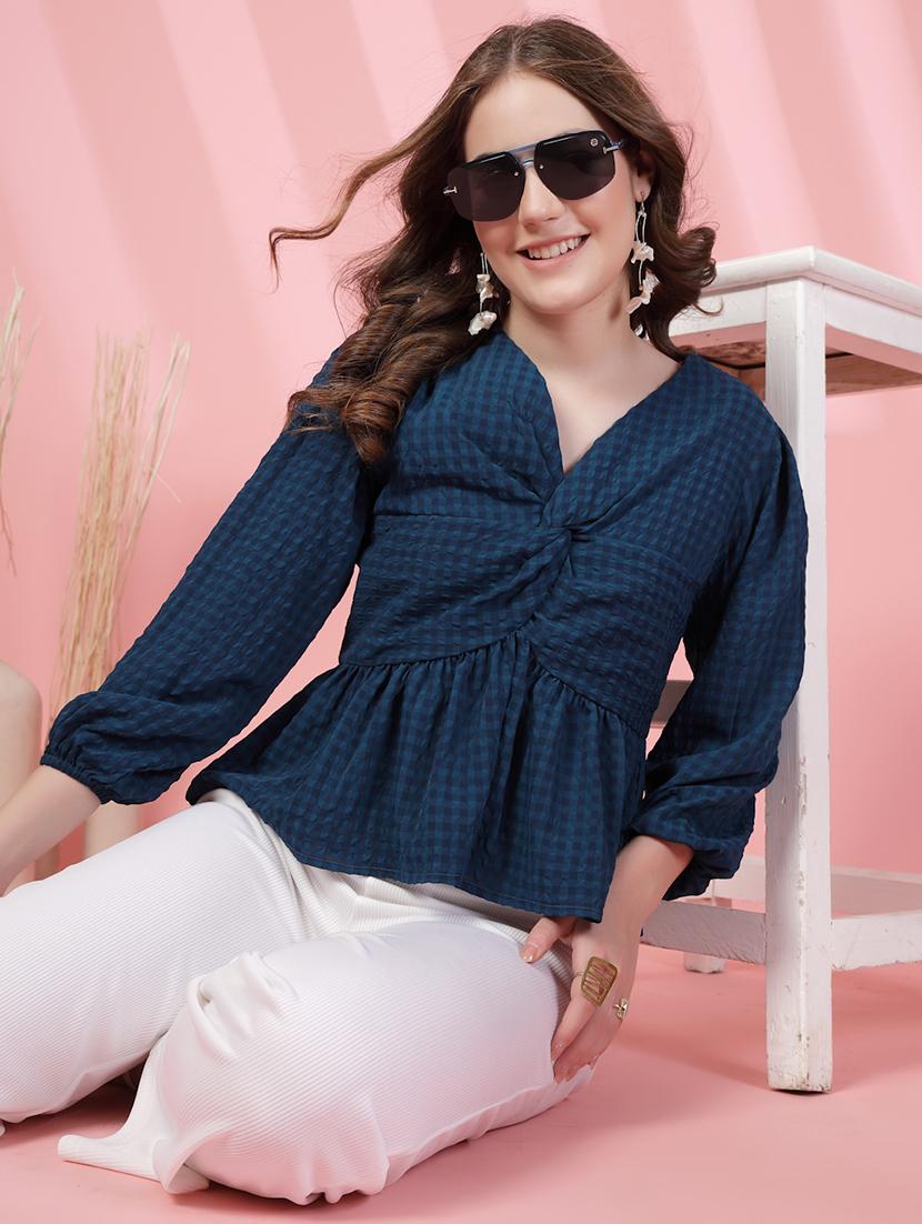 women checkered puff sleeve peplum top - 21942207 - Zoom Image - 0