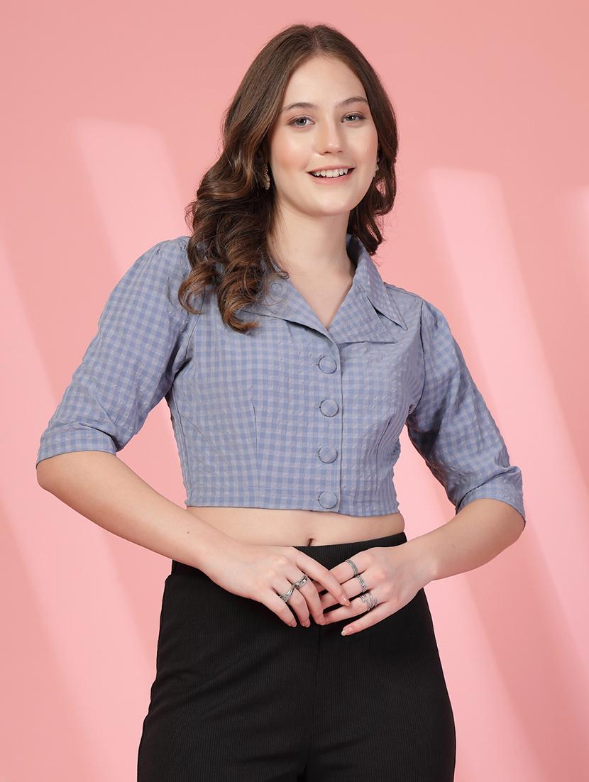 women checkered lapel neck crop shirt top - 21942224 - Standard Image - 1