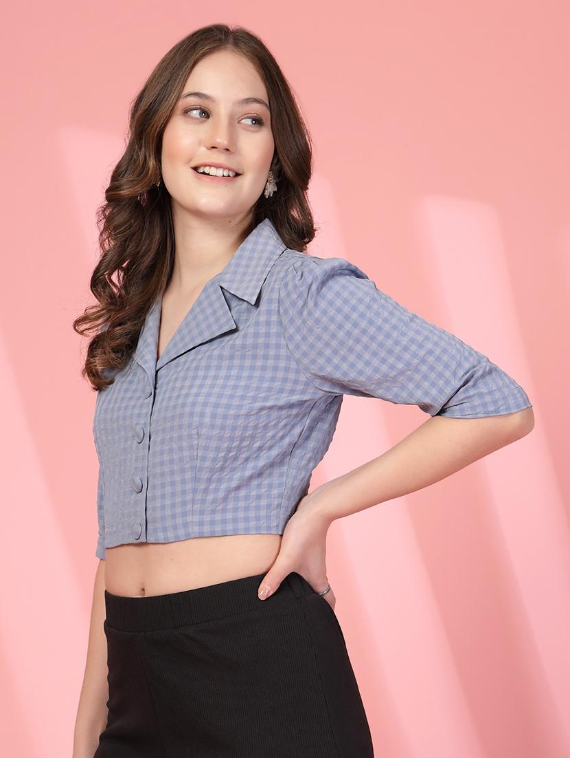 women checkered lapel neck crop shirt top - 21942224 - Standard Image - 6