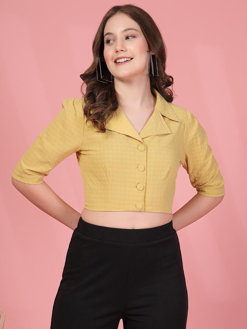 women checkered lapel neck crop shirt top - 21942227 - Standard Image - 1