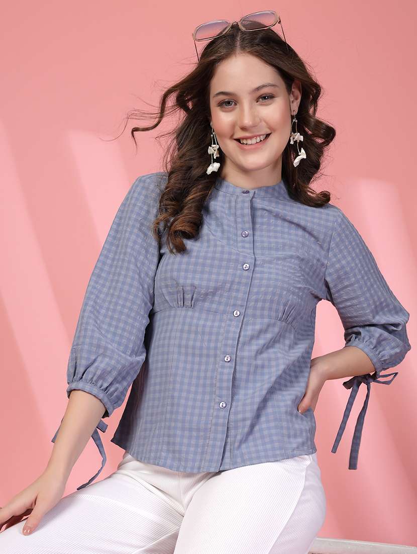 women checkered mandarin collar puff sleeve shirt - 21942239 - Zoom Image - 0