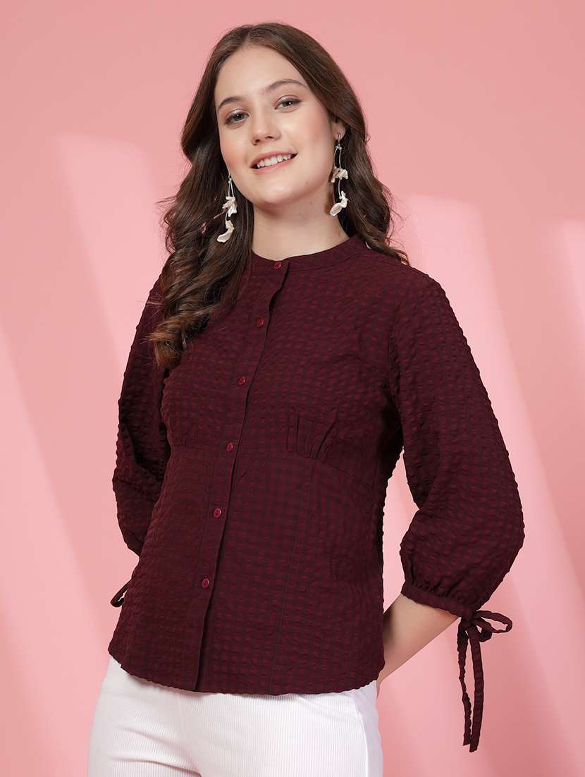 women checkered mandarin collar puff sleeve shirt - 21942240 - Standard Image - 1