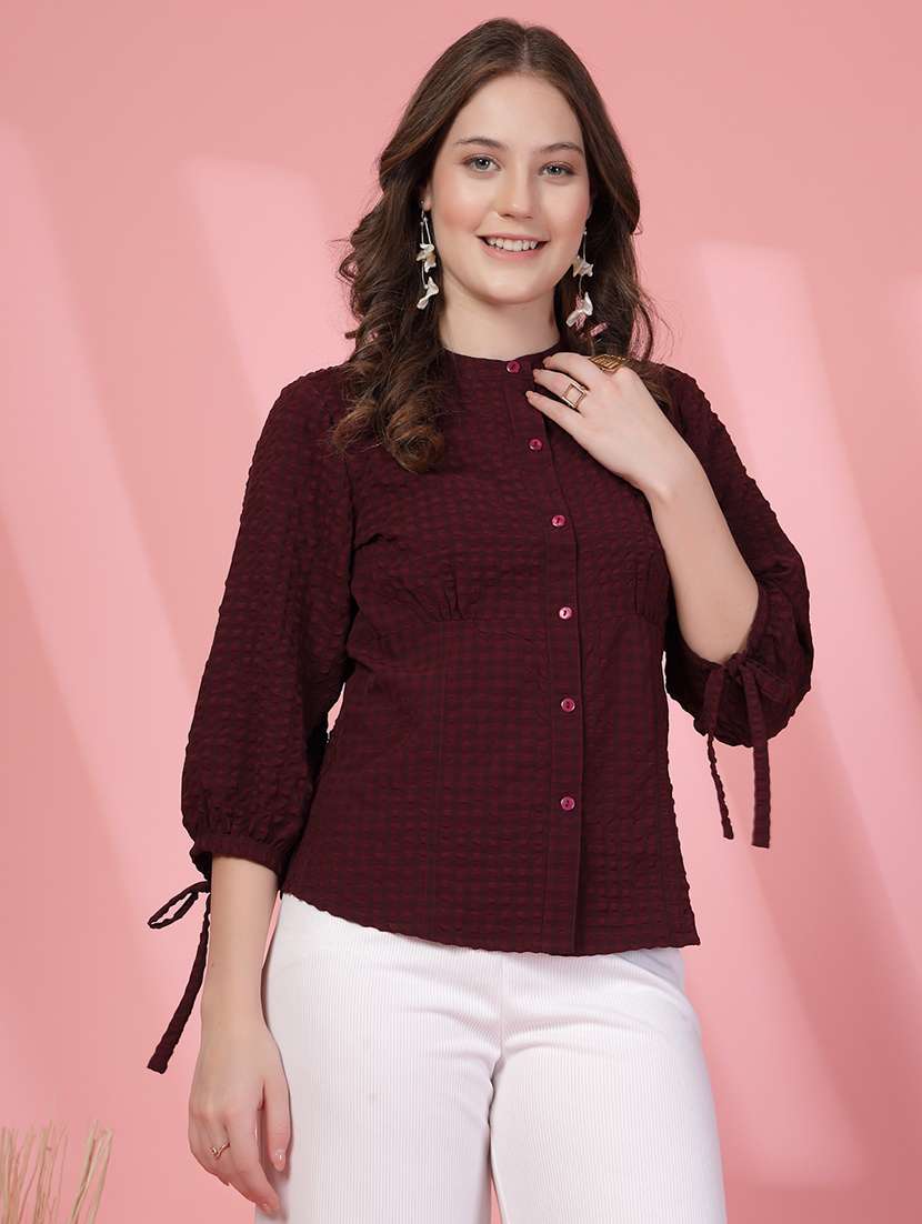 women checkered mandarin collar puff sleeve shirt - 21942240 - Standard Image - 4
