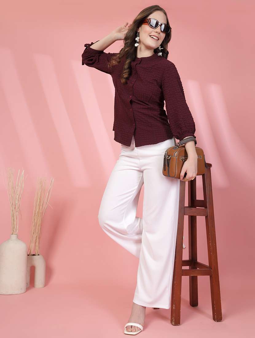 women checkered mandarin collar puff sleeve shirt - 21942240 - Standard Image - 6
