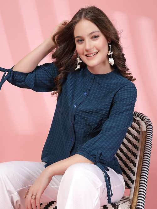 women checkered mandarin collar puff sleeve shirt - 21942241 -  Standard Image - 0