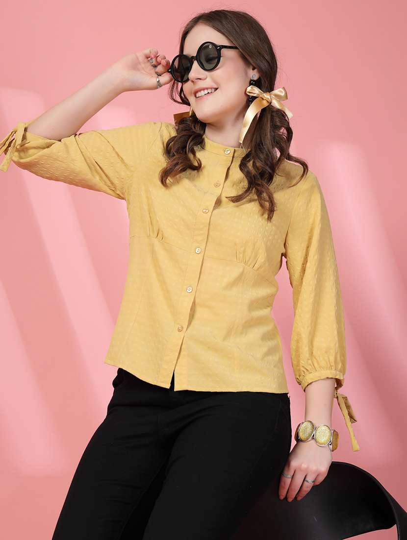 women self designed mandarin collar puff sleeve shirt