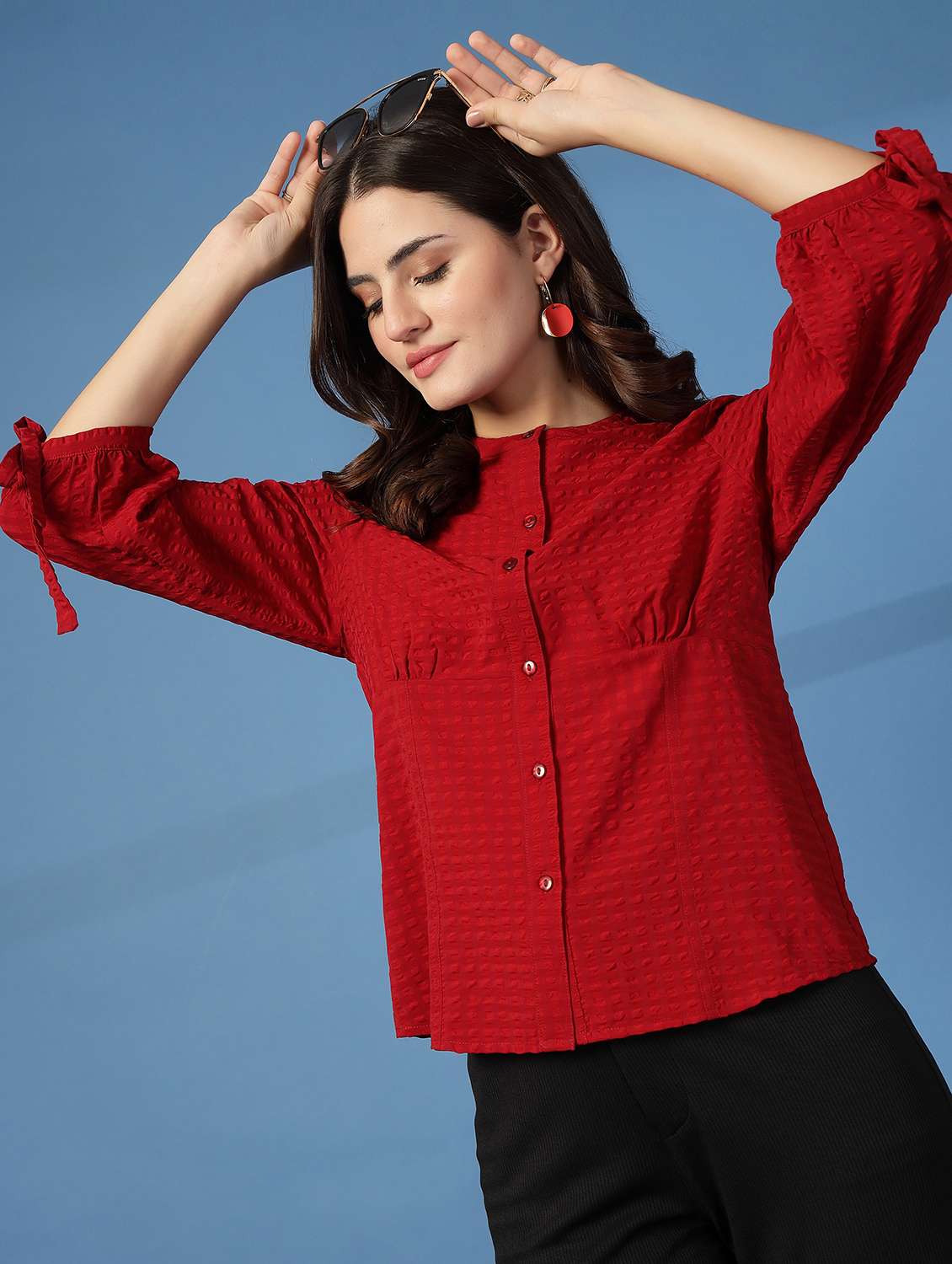 women self designed mandarin collar puff sleeve shirt