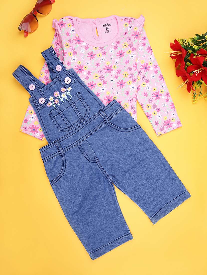 girls floral print t-shirt and denim dungaree set