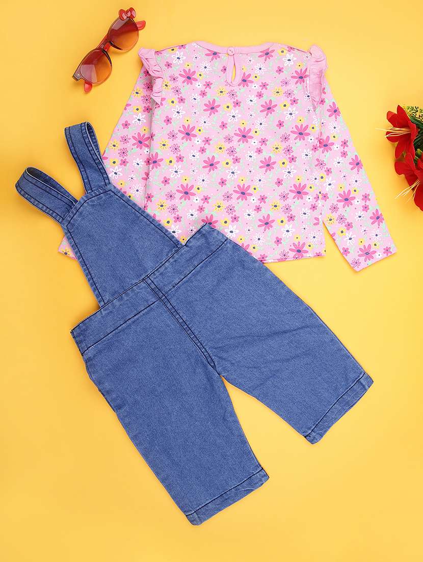 girls floral print t-shirt and denim dungaree set - 21942273 -  Standard Image - 1