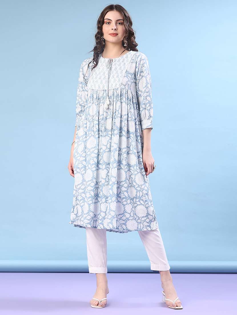 women three quarter sleeve flared kurta - 21942439 -  Standard Image - 1