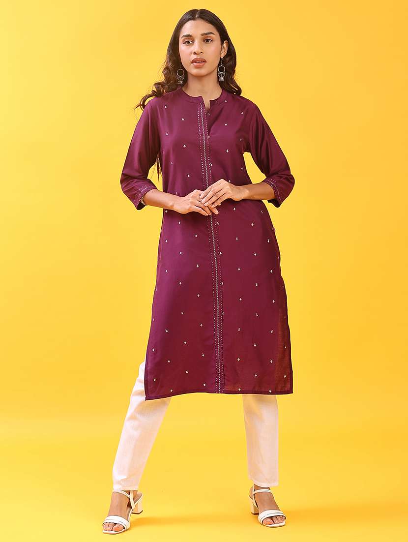 women three quarter sleeve straight kurta - 21942494 -  Standard Image - 1