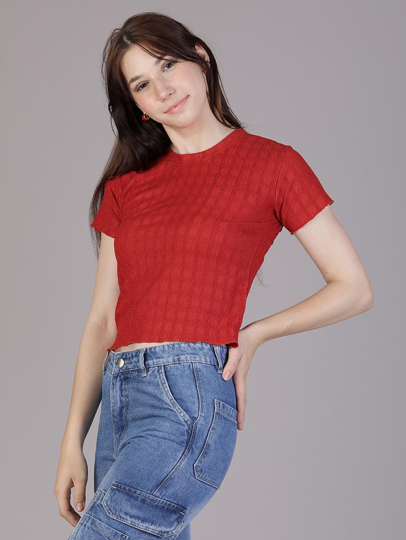 women solid short sleeve crop top - 21942936 - Standard Image - 1