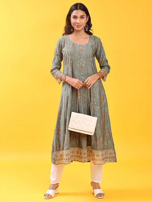 women three quarter sleeve flared kurta - 21942940 -  Standard Image - 0