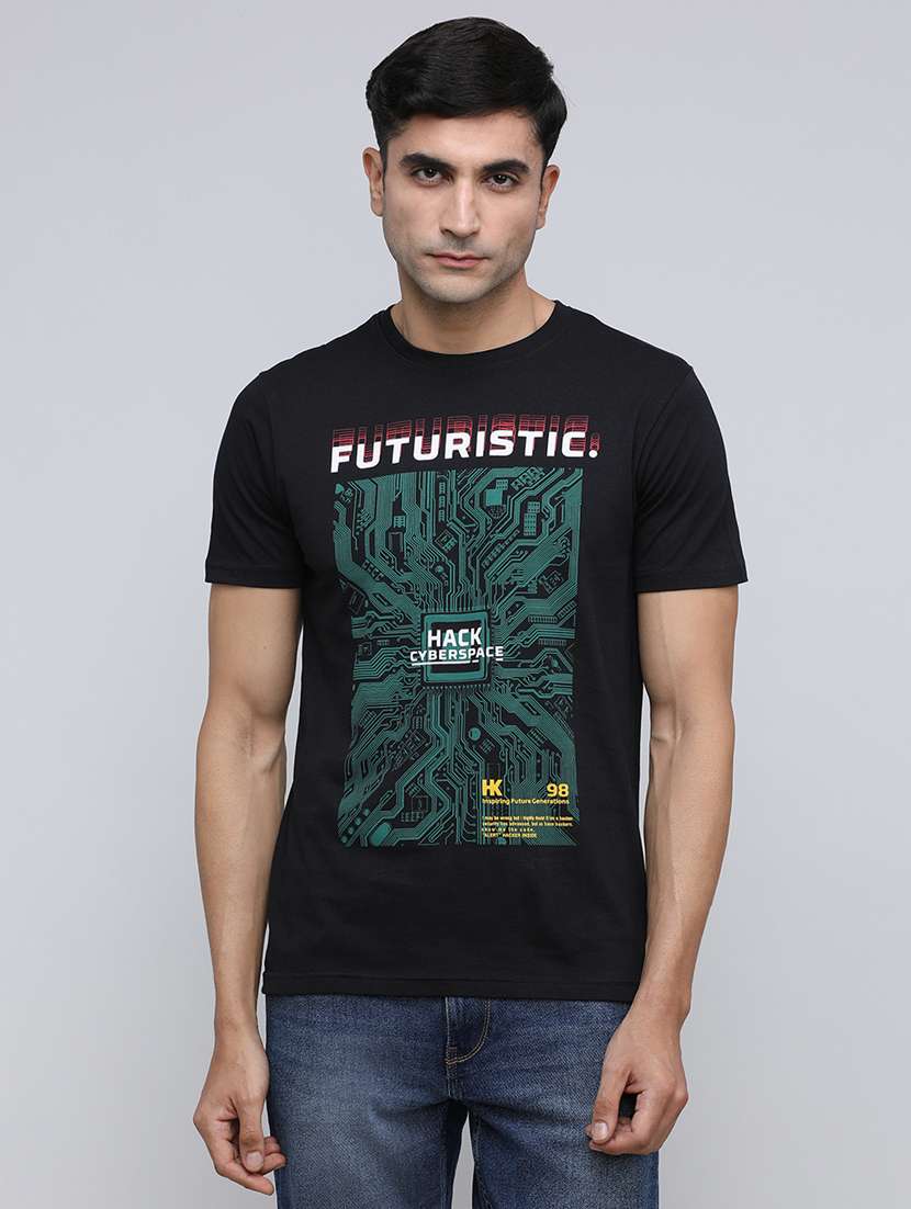 men front print round neck regular fit t-shirt