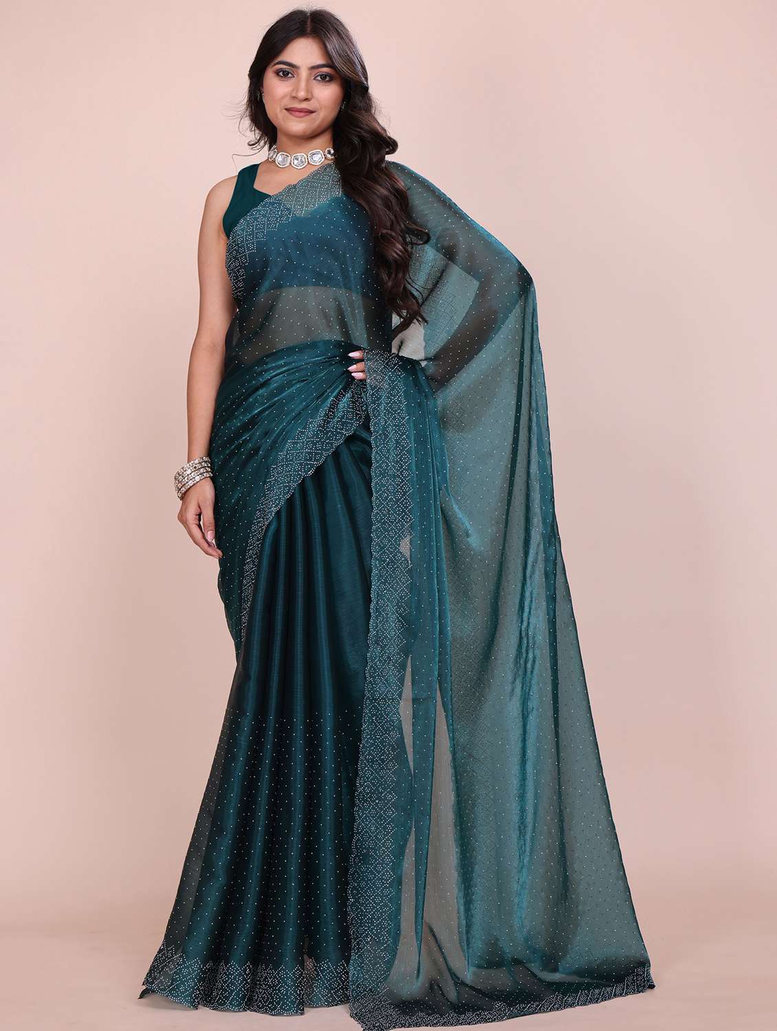 women solid with work embellished saree with blouse