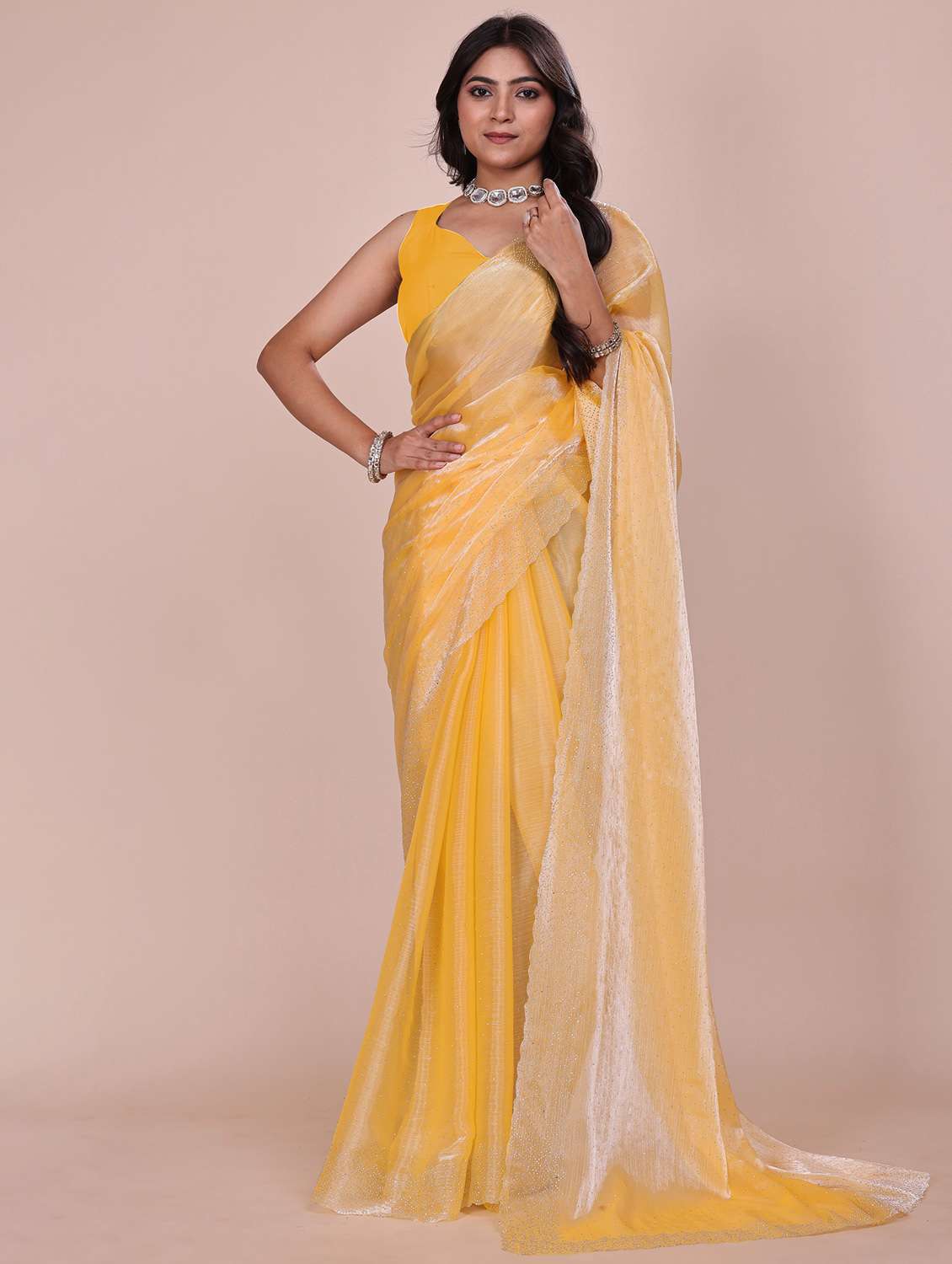 women solid with work embellished saree with blouse