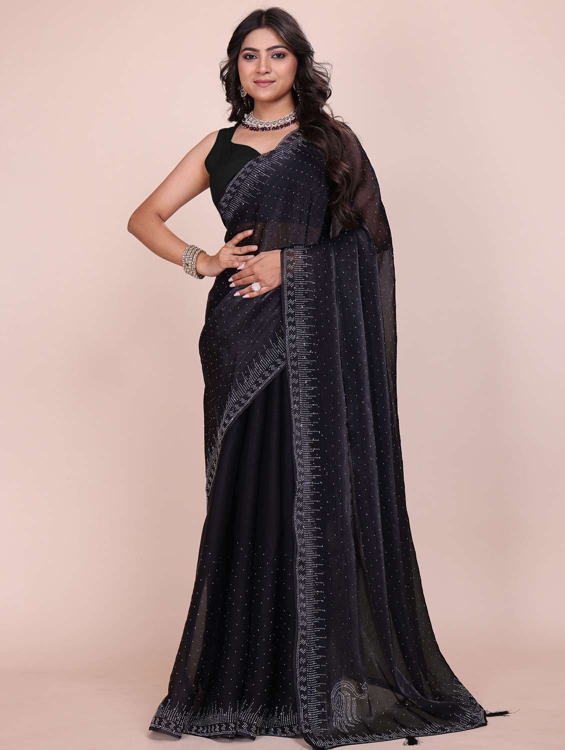 women solid with work embellished saree with blouse