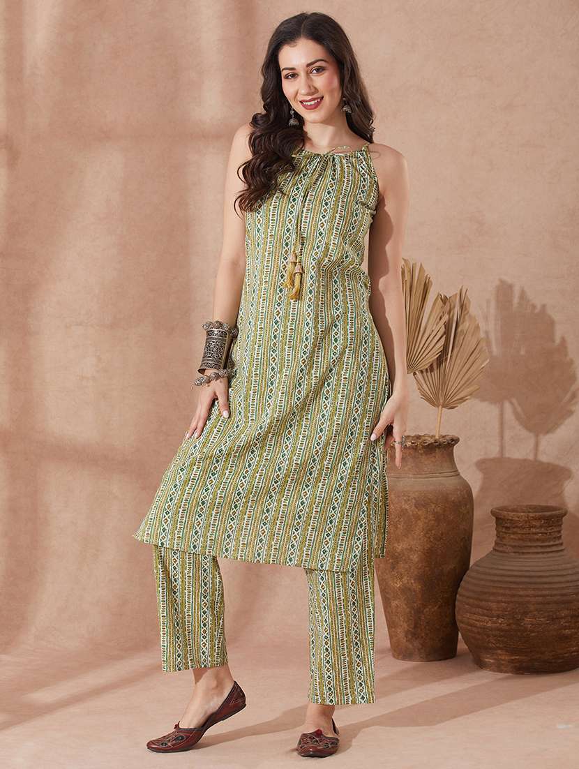 globus women green round neck tie up tassel detailing strappy sleeves ethnic motifs straight kurta with trouser set