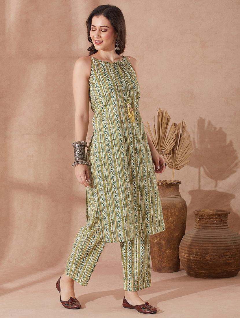 globus women green round neck tie up tassel detailing strappy sleeves ethnic motifs straight kurta with trouser set - 21943114 - Standard Image - 1