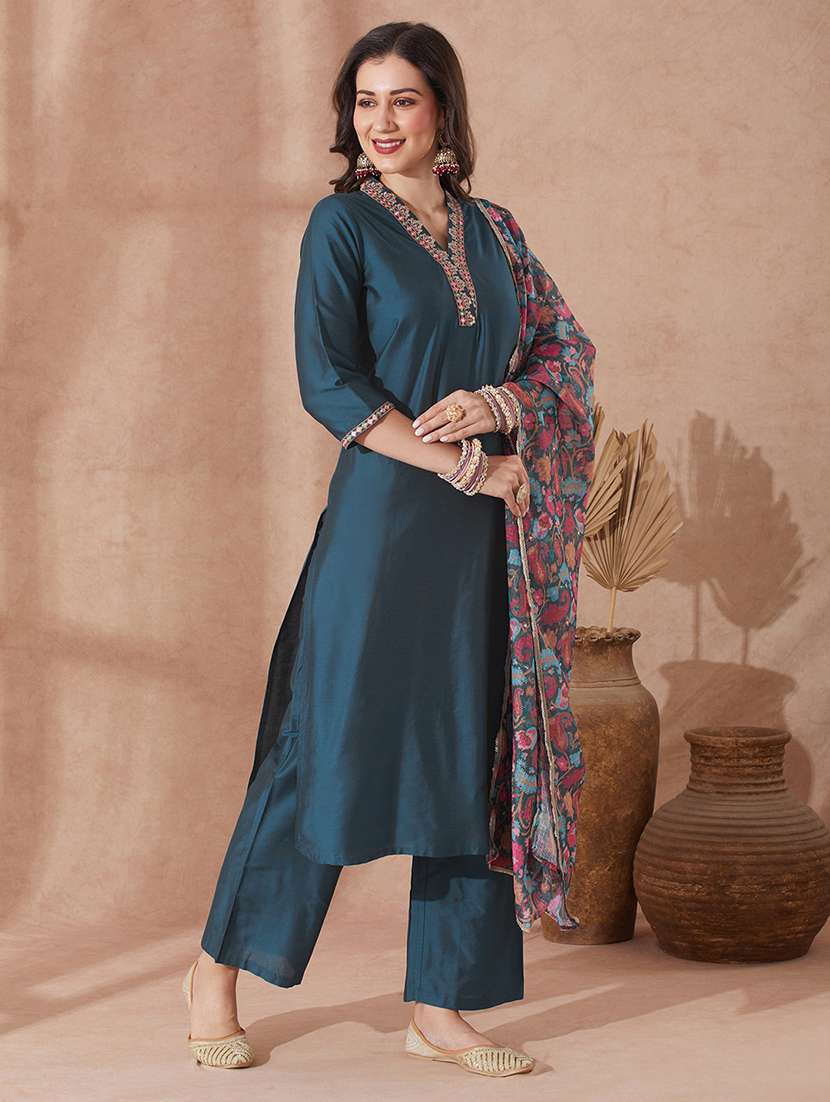 globus women teal embroidered v-neck straight kurta with trouser & paisely printed sequin lace dupatta festive set - 21943115 -  Standard Image - 1