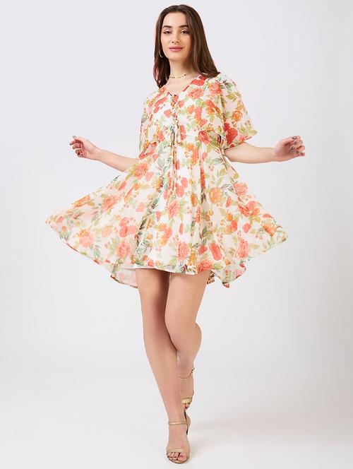 globus women white v-neck flared sleeves floral print tie-up detail mini a-line dress - 21943118 -  Standard Image - 0