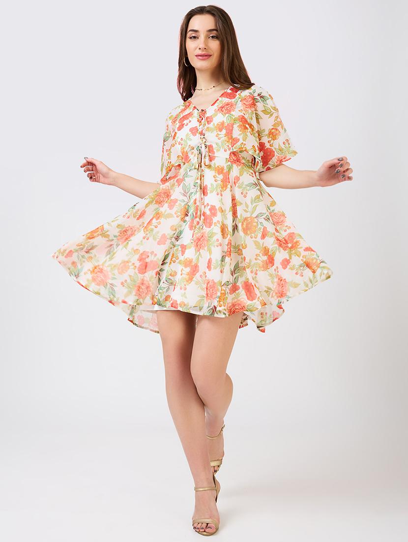 globus women white v-neck flared sleeves floral print tie-up detail mini a-line dress - 21943118 -  Zoom Image - 0