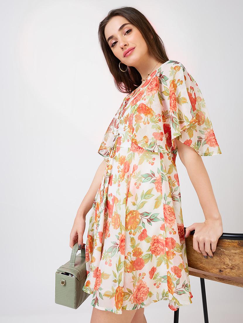 globus women white v-neck flared sleeves floral print tie-up detail mini a-line dress - 21943118 -  Standard Image - 1