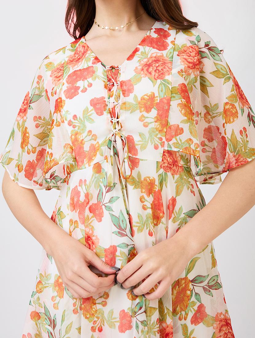 globus women white v-neck flared sleeves floral print tie-up detail mini a-line dress - 21943118 - Standard Image - 4