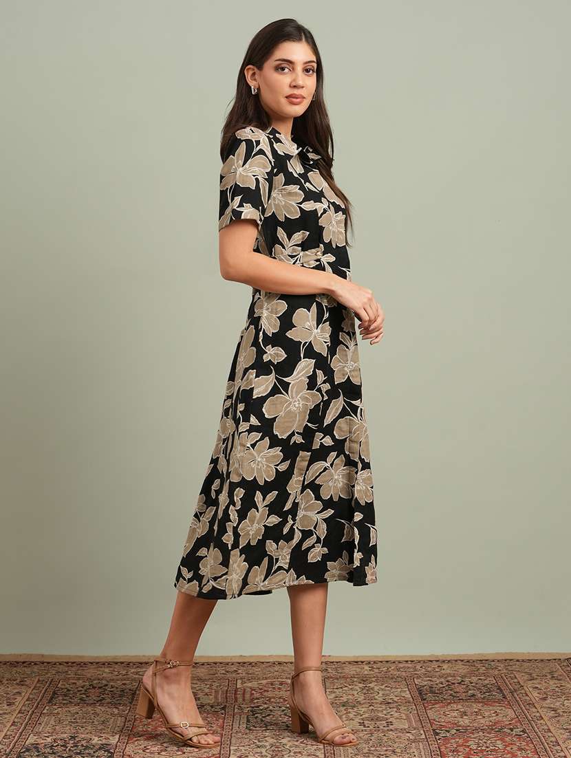 globus women black collared neck short sleeves floral print midi workwear shirt dress - 21943120 -  Standard Image - 1