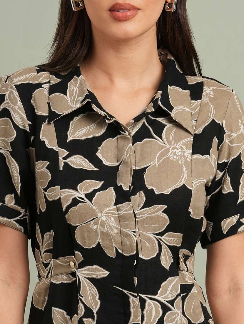 globus women black collared neck short sleeves floral print midi workwear shirt dress - 21943120 -  Standard Image - 4