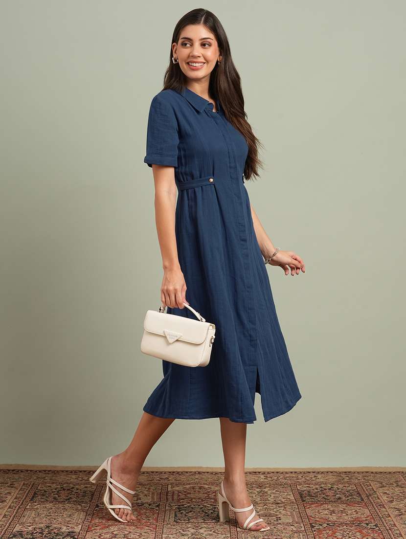 globus women blue collared neck short sleeves solid midi workwear shirt dress - 21943121 -  Standard Image - 1