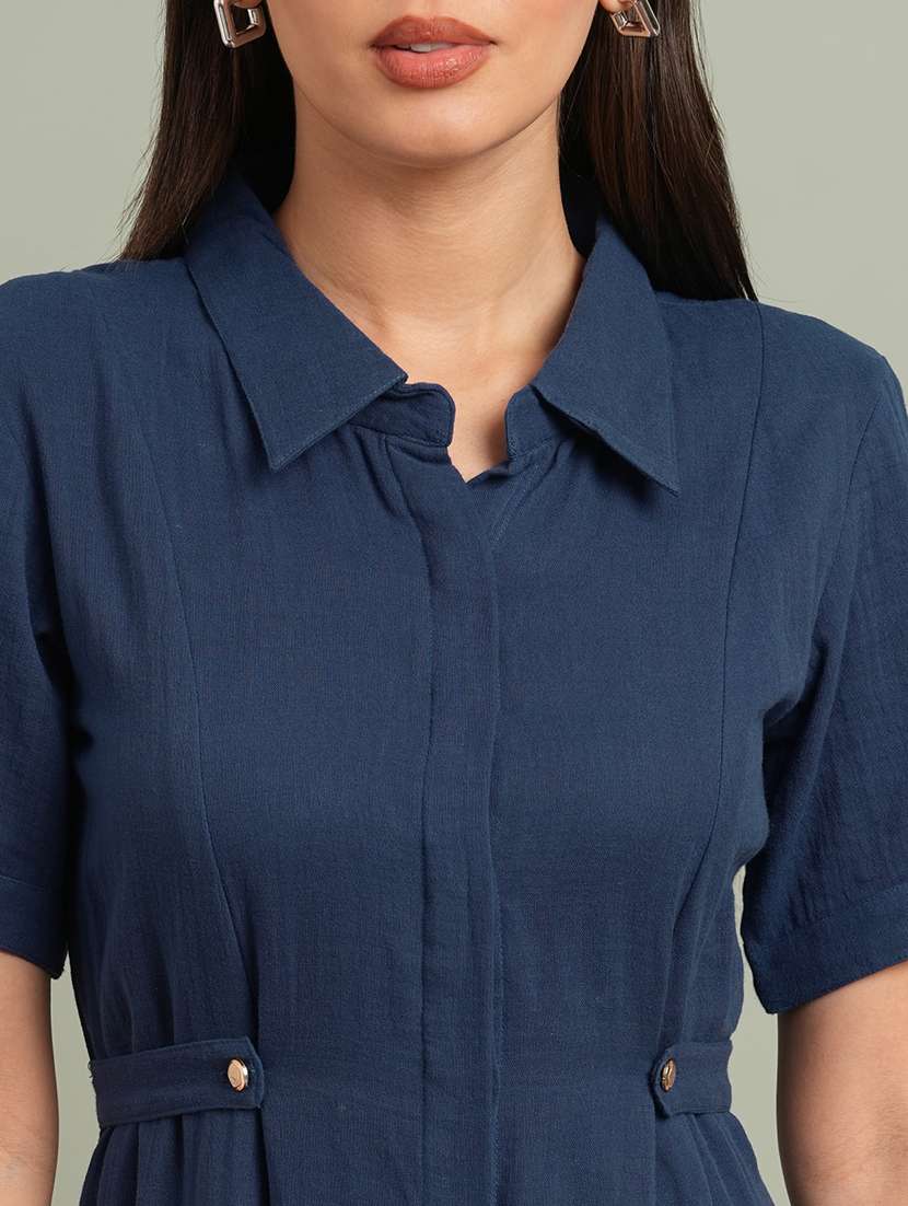 globus women blue collared neck short sleeves solid midi workwear shirt dress - 21943121 -  Standard Image - 4