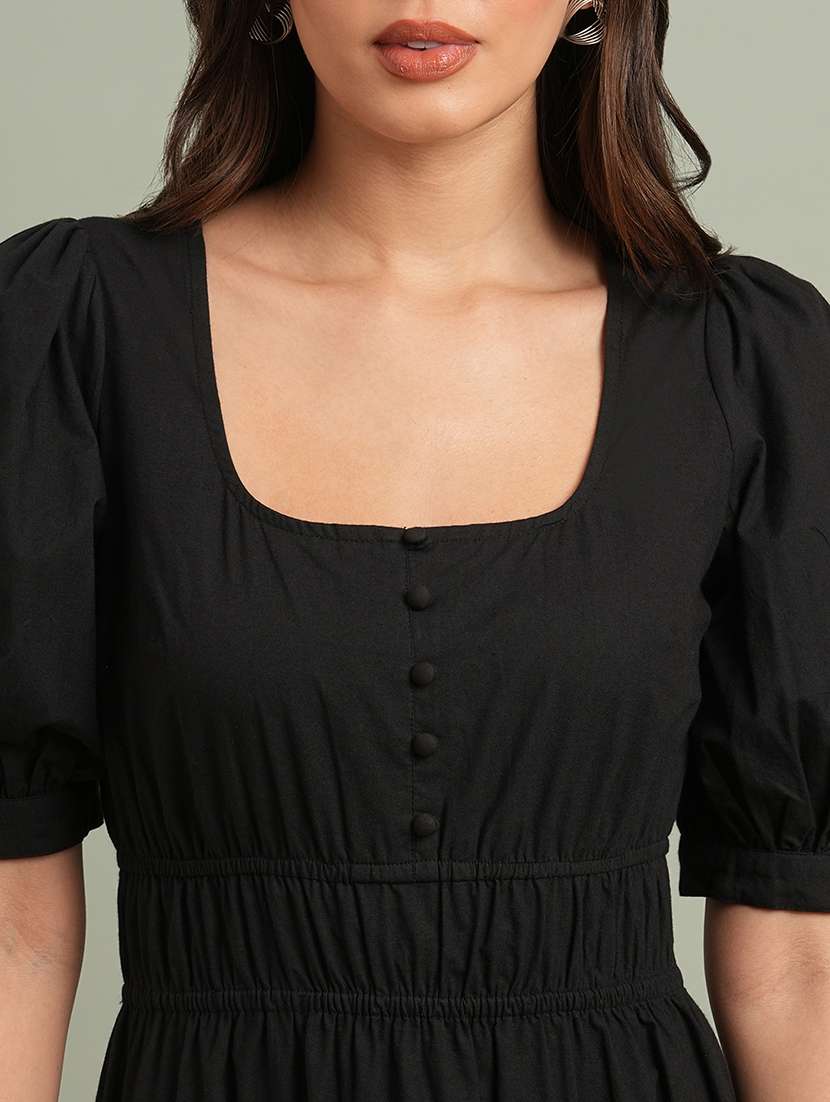 globus women black square neck puff sleeves solid tiered maxi resort dress - 21943123 - Standard Image - 4