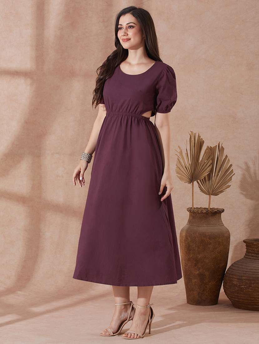 globus women burgundy round neck puff sleeves solid cut out detail a-line midi resort dress - 21943124 - Standard Image - 1
